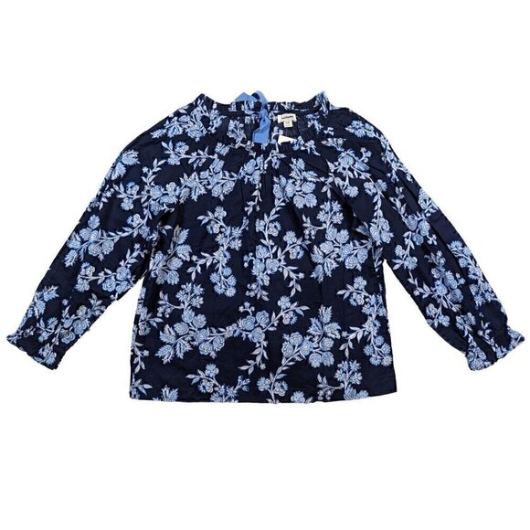 J Crew Navy Floral Smock Neck Long Sleeve Blouse Size PS -  NWT - Picture 1 of 8